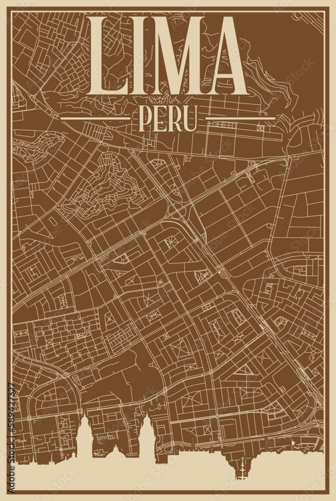 Colorful hand-drawn framed poster of the downtown LIMA, PERU with highlighted vintage city skyline and lettering