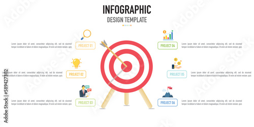 Infographic target business template or element as a vector including 6 step, process, project, with colorful rectangle and icons on white background for slide or presentation, modern, minimal, arrow