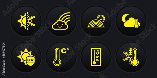 Set UV protection, Thermometer and cloud, moon, Meteorology thermometer, Rainbow with sun, snowflake and Sun icon. Vector