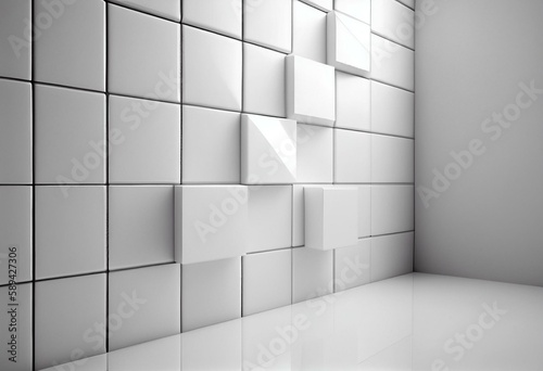 Polished, White Wall background with tiles. Rectangular, tile Wallpaper with Futuristic, 3D blocks. 3D Render. Generative AI