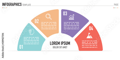 Semi circular infographic business template or element as a vector including 4 step, process, with colorful rectangle and icons on white background for slide or presentation, simple, modern, minimal