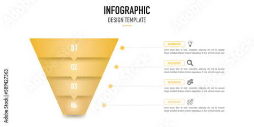 Pyramid or funnel infographic template or element as a vector including 4 connected step, process, on white background and gold, yellow label and icons for business presentation, minimal, modern style