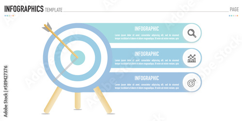 Infographic template or element as a vector with 3 process, step, on white background and blue pastel target and arrow icons, for slide or presentation, minimal, modern, simple style, for sale to goal