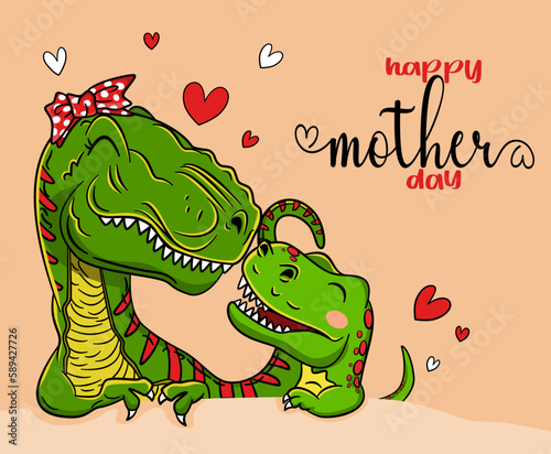 Happy Mother's day Saurus , Mommy T-Rex and Baby Dinosaurus  With Mini Hearts T-Shirt Design For Mother's Day EPS. SVG. File vector illustration character design  Doodle Funny cartoon style 
