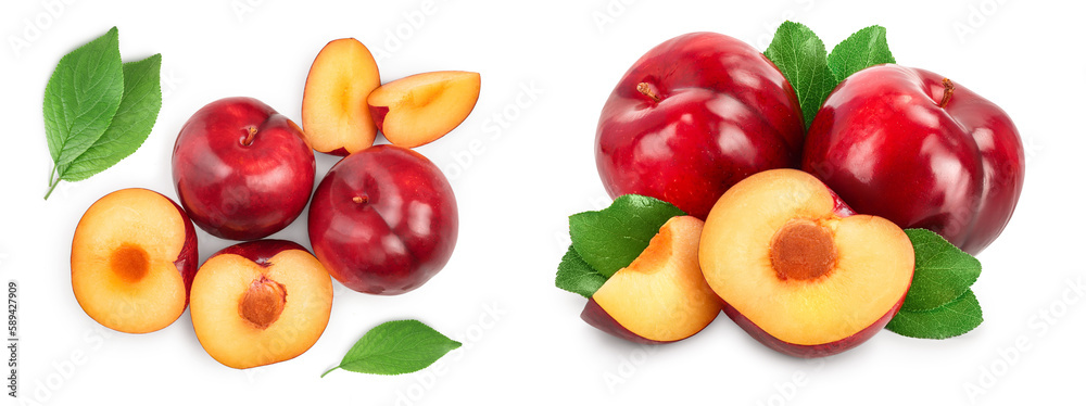 fresh red plum and half with leaves isolated on white background. Top view. Flat lay