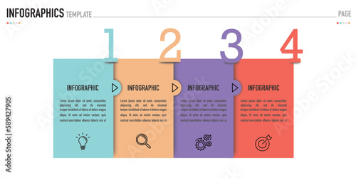 Infographic business template or element as a vector including 4 step or process, with colorful rectangle label and icons on white background, for slide or presentation, simple, minimal, modern style