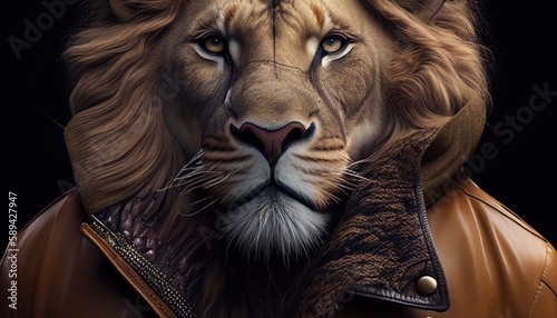 Lion in a leather jacket by Generative AI