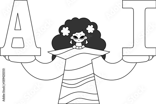 She holds AIletters, symbolizing AI theme, in vector linear style