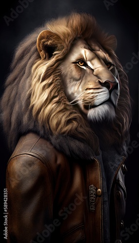Lion in a leather jacket by Generative AI