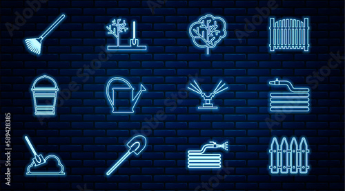 Set line Garden fence, hose or fire hose, Tree, Watering can, Bucket, rake for leaves, Automatic irrigation sprinklers and Planting tree the ground icon. Vector