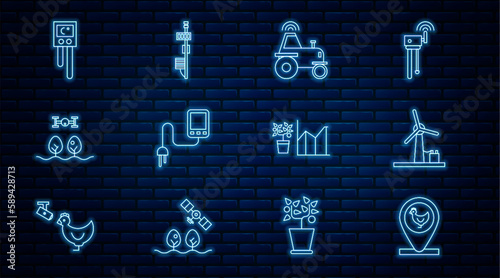 Set line Chicken farm and location, Wind turbine, Wireless tractor smart, Sensor, Smart with drone, Temperature humidity sensor, Flower statistics and Standalone icon. Vector