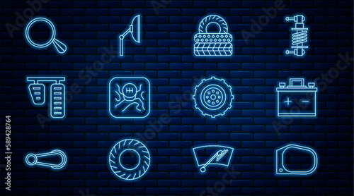 Set line Car mirror, battery, tire, Gear shifter, gas and brake pedals, wheel and Windscreen wiper icon. Vector