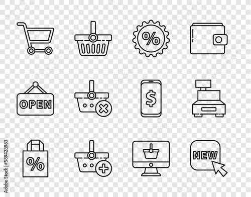 Set line Shoping bag with percent discount, Button text New, Discount tag, Add Shopping basket, cart, Remove shopping, Monitor and Cash register machine icon. Vector