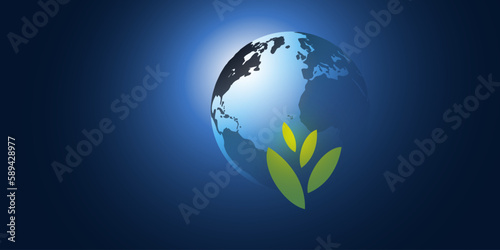 Global Eco World Concept, Graphic Design Layout - Green Leaves, Plant Symbol and Earth Globe - Creative Vector Template with Copyspace, Room, Place for Your Text on Dark Blue Background