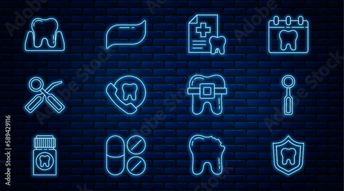 Set line Dental protection, inspection mirror, card, Online dental care, Tooth, Teeth with braces and Toothpaste icon. Vector