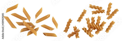 Wolegrain penne and fusilli pasta from durum wheat isolated on white background with full depth of field. Top view. Flat lay,