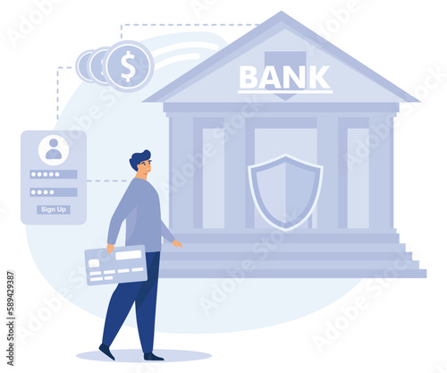 Financial services concept, Bank account, credit rating, paycheck cash, card details, electronic savings deposit, salary statement, flat vector modern illustration