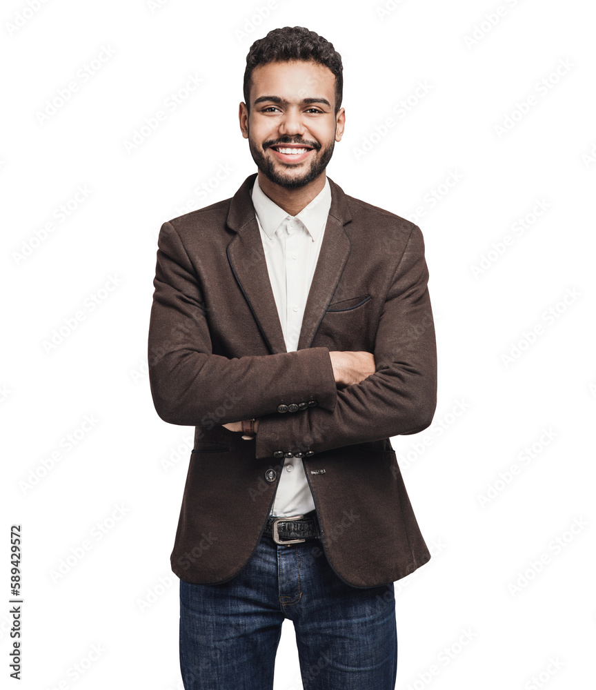 Portrait of handsome smiling young man with folded arms isolated transparent PNG, Joyful cheerful businessman with crossed hands studio shot - obrazy, fototapety, plakaty 
