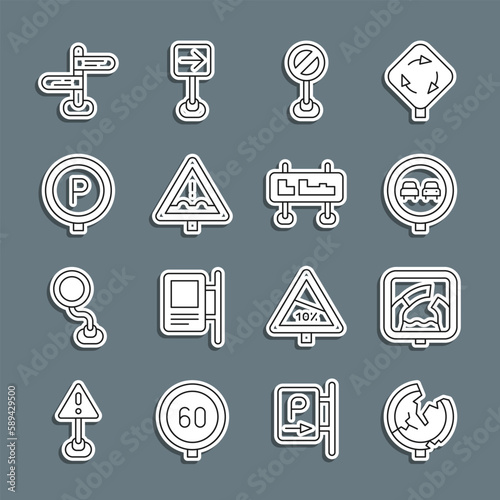 Set line Road traffic sign, Drawbridge ahead, No overtaking road, Stop, Uneven, Parking, and icon. Vector