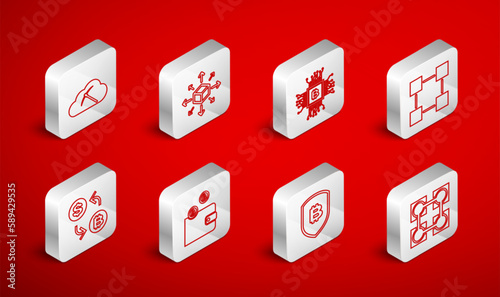 Set line Blockchain technology, Distribution, CPU mining farm, Shield with bitcoin, Cryptocurrency cloud, wallet and exchange icon. Vector