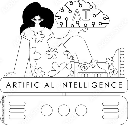 Girl and AI server in vector linear theme, featuring artificial intelligence
