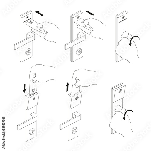 Electronic keycard door opening instruction with arrows linear isometric vector illustration