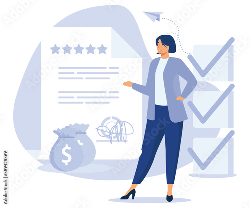 Financial services concept, Bank account, credit rating, paycheck cash, card details, electronic savings deposit, salary statement, flat vector modern illustration