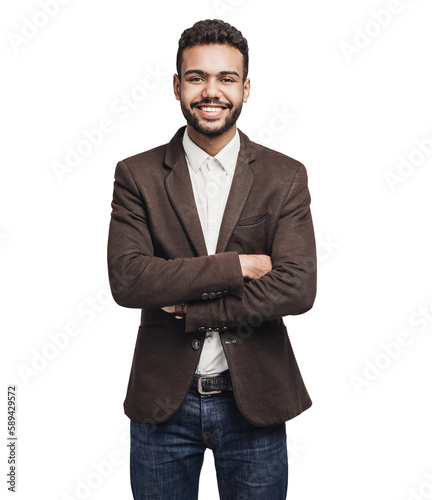 Leinwand Poster Portrait of handsome smiling young man with folded arms isolated transparent PNG