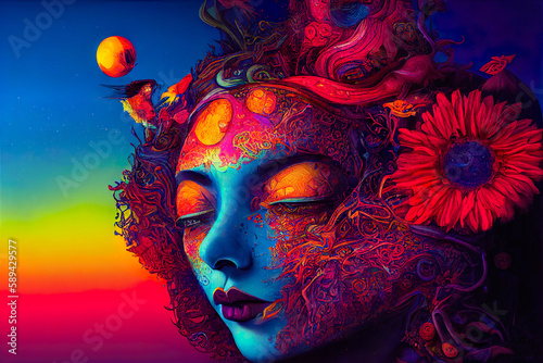 Dreamer, image capturing the free spirit of a person's psychedelic dream. Bold colors and surreal images reflect a boundless vision of the future, unencumbered by limitations or fear.