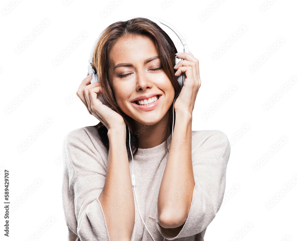 Young beautiful woman in headphones isolated in transparent PNG, Happy student girl listening to music Young beautiful woman in headphones isolated in transparent PNG, Happy student girl listening to music