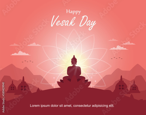 Happy Vesak Day design with illustration of a Buddha statue on a lotus flower