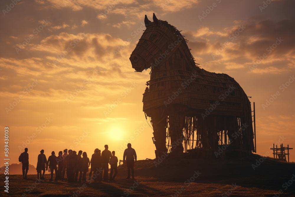 A Trojan wooden horse from Greek mythology, a siege weapon used to infiltrate Troy. The concept of cunning, deceit and strategy. ai generated - obrazy, fototapety, plakaty 