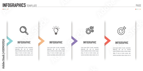 Infographic business template or element as a vector including 4 step, process, option, on white background, with colorful label and icons and shadows, for slide or presentation, modern, minimal style