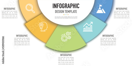 Circular infographic business or sale template or element as a vector with colorful layer and icons on white background, for presentation and slide, simple, minimal or modern style, timeline, funnel