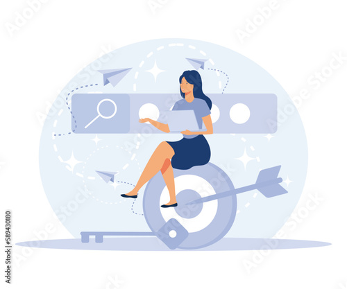 Professional SEO services concept,  Keyword research, copy optimization, content plan, web campaign, search engine, online social media planner, flat vector modern illustration