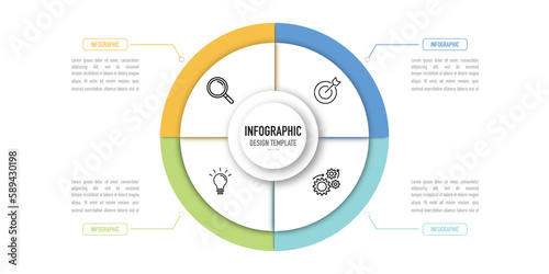 Circular infographic business template or element as a vector on white background with colorful label and icons, for slide and presentation, minimal, simple or modern style, timeline, layer, pie photo
