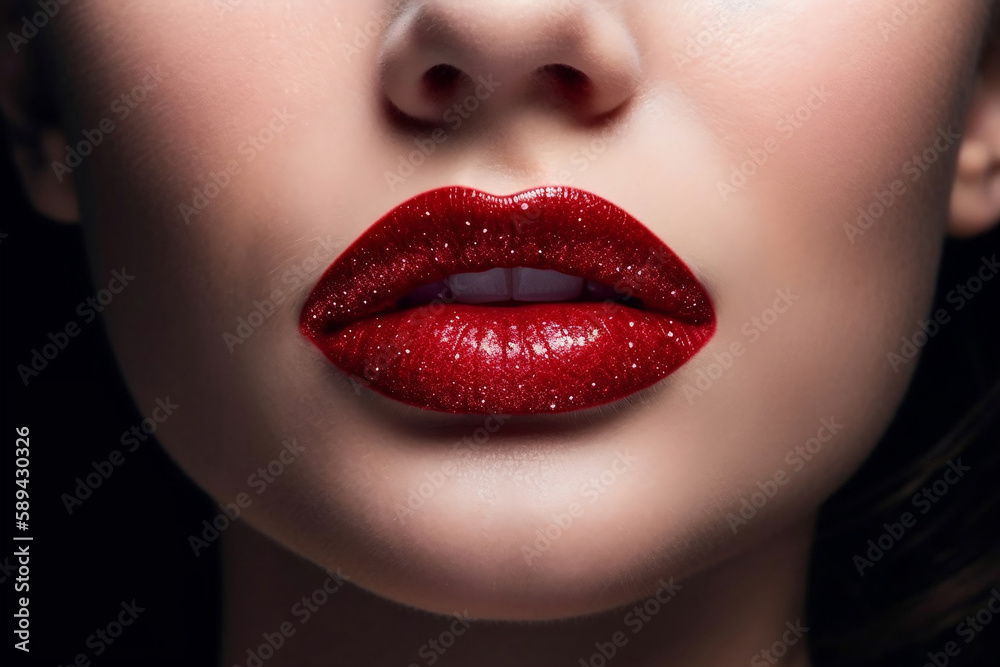 Closeup of woman's red glitter lips Closeup of woman's red glitter lips