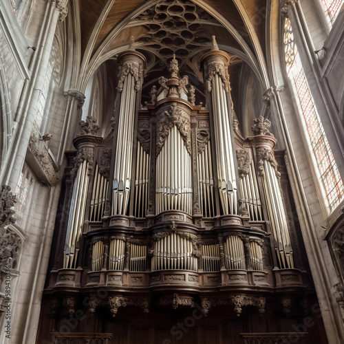 The image portrays a beautifully grand church organ made of stone. Its intricate design and size are truly stunning and awe-inspiring. It is a true masterpiece of craftsmanship and a testament to the 