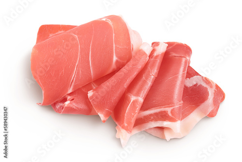 Italian prosciutto crudo or spanish jamon. Raw ham isolated on white background with full depth of field. Top view. Flat lay