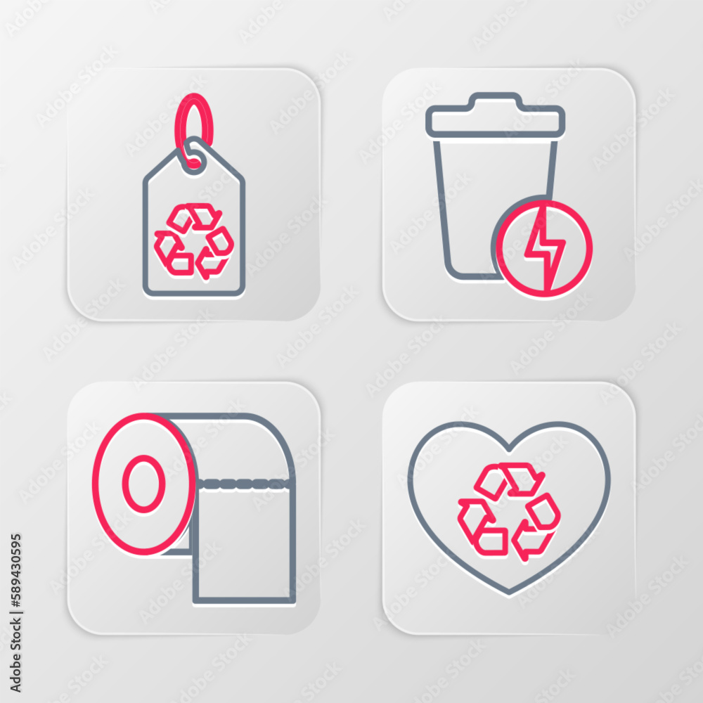 Set line Eco friendly heart, Toilet paper roll, Lightning with trash can and Tag recycle icon. Vector Set line Eco friendly heart, Toilet paper roll, Lightning with trash can and Tag recycle icon. Vector