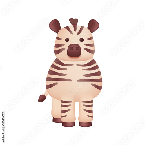 Adorable zebra character as kids toy 3D illustration. Cartoon drawing of striped wild animal as mascot or gift in 3D style on white background. Wildlife  nature  zoo concept