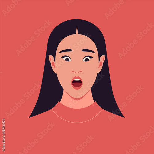 A portrait of an Asian woman. A frightened face. Fears and phobias. Surprise. Vector flat illustration