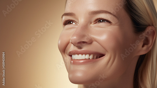 A smiling white woman portrait on beige background skin care concept. Generative AI image.