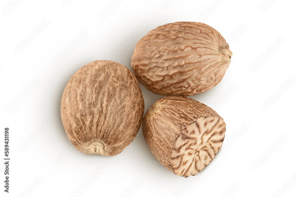 nutmeg isolated on white background with full depth of field. Top view. Flat lay nutmeg isolated on white background with full depth of field. Top view. Flat lay