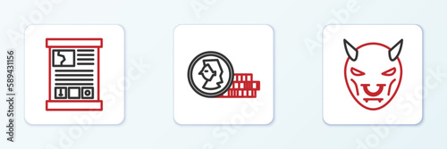 Set line Mask of the devil with horns, Game guide and Coin for game icon. Vector