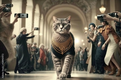 Cat on the catwalk posing a fashion model wearing exlusive dress illustration generative ai