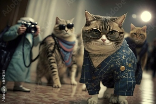 Cat on the catwalk posing a fashion model wearing exlusive dress illustration generative ai