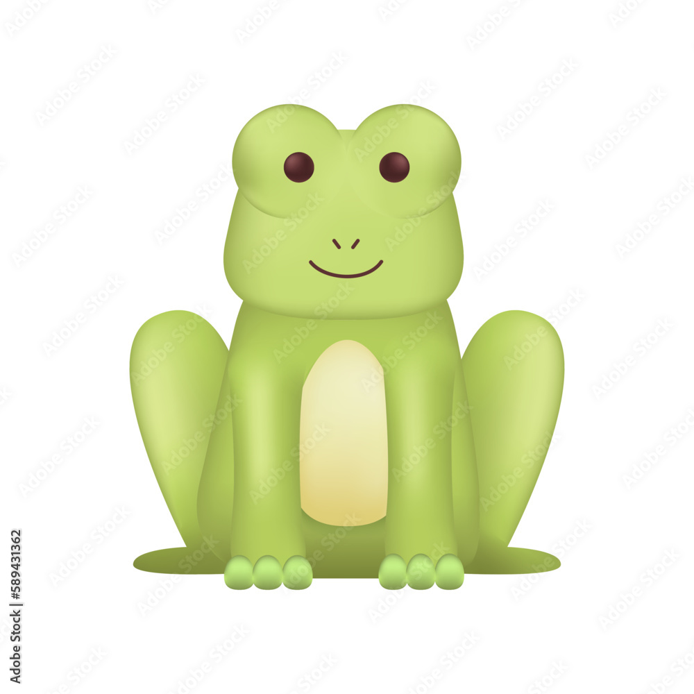 Obraz premium Adorable smiling frog character as kids toy 3D illustration. Cartoon drawing of green amphibian as mascot or gift in 3D style on white background. Wildlife, nature, zoology concept