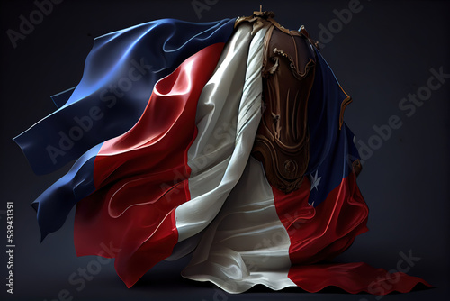 Flag of France blowing in the wind. Full page French flying flag. 3D illustration. Generative Ai photo