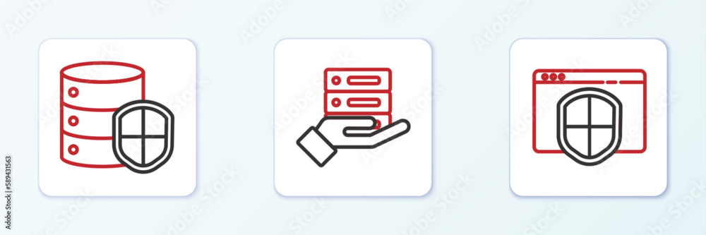 Set line Browser with shield, Server and Server, Data, Web Hosting icon. Vector Set line Browser with shield, Server and Server, Data, Web Hosting icon. Vector